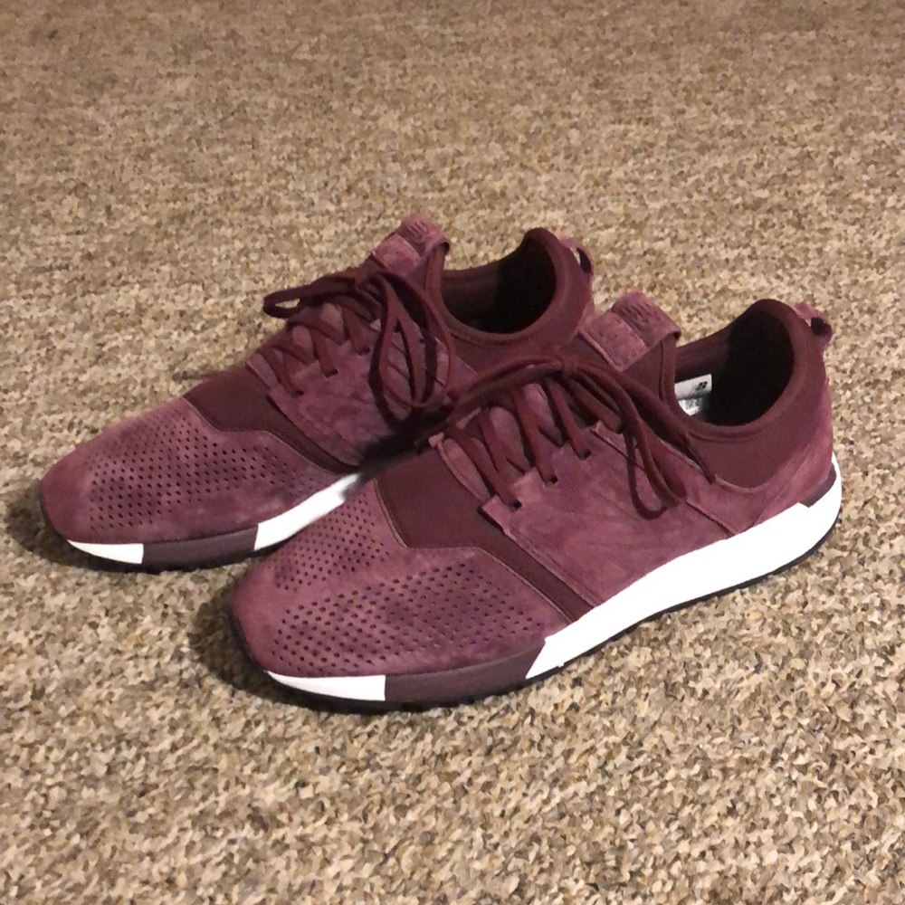 New Balance 247 burgundy suede sneakers, size 10